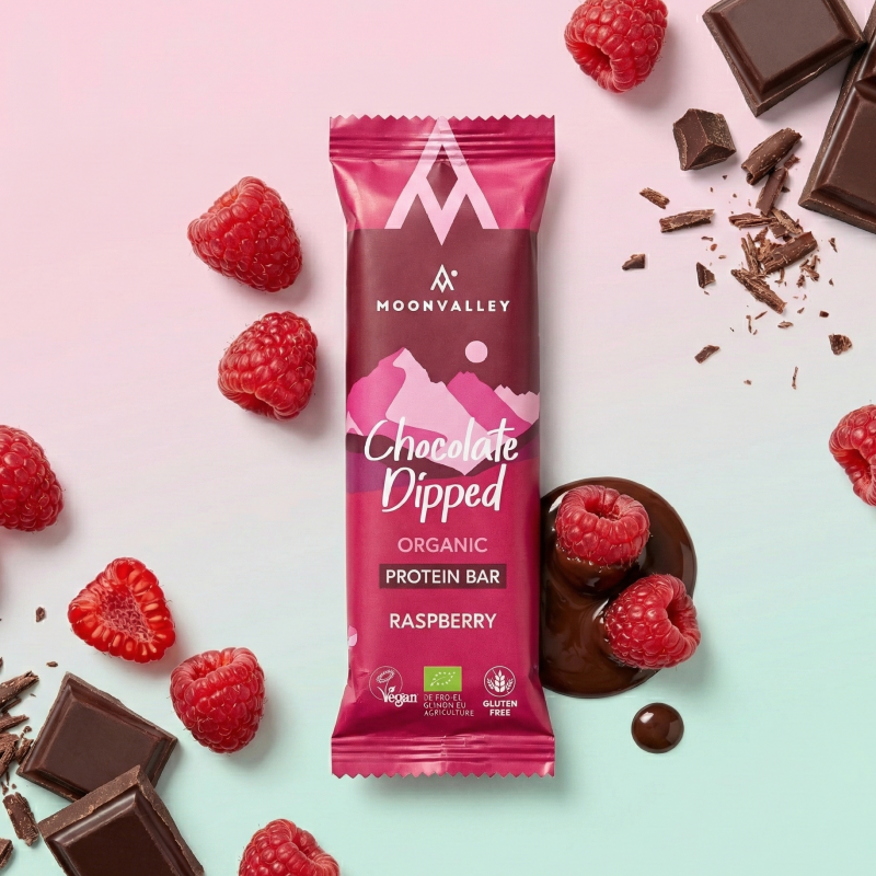Moonvalley Proteinbar Sjokolade & Bringebær 50g Økologisk 1003578 Strømsø Sport 1